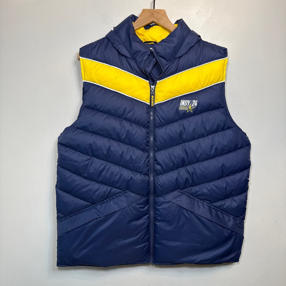 NBA All Star 2024 Indiana Pacers Custom Vest Navy Yellow Hood Puffer Men's Large